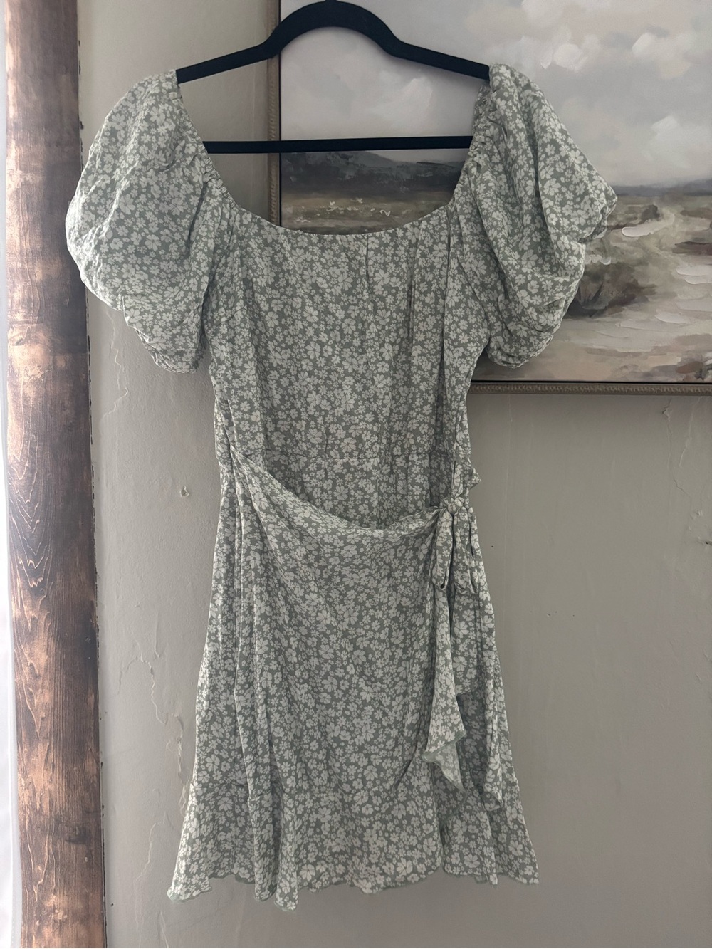 Trixxi Sage Green Floral Puff Sleeve Wrap Dress